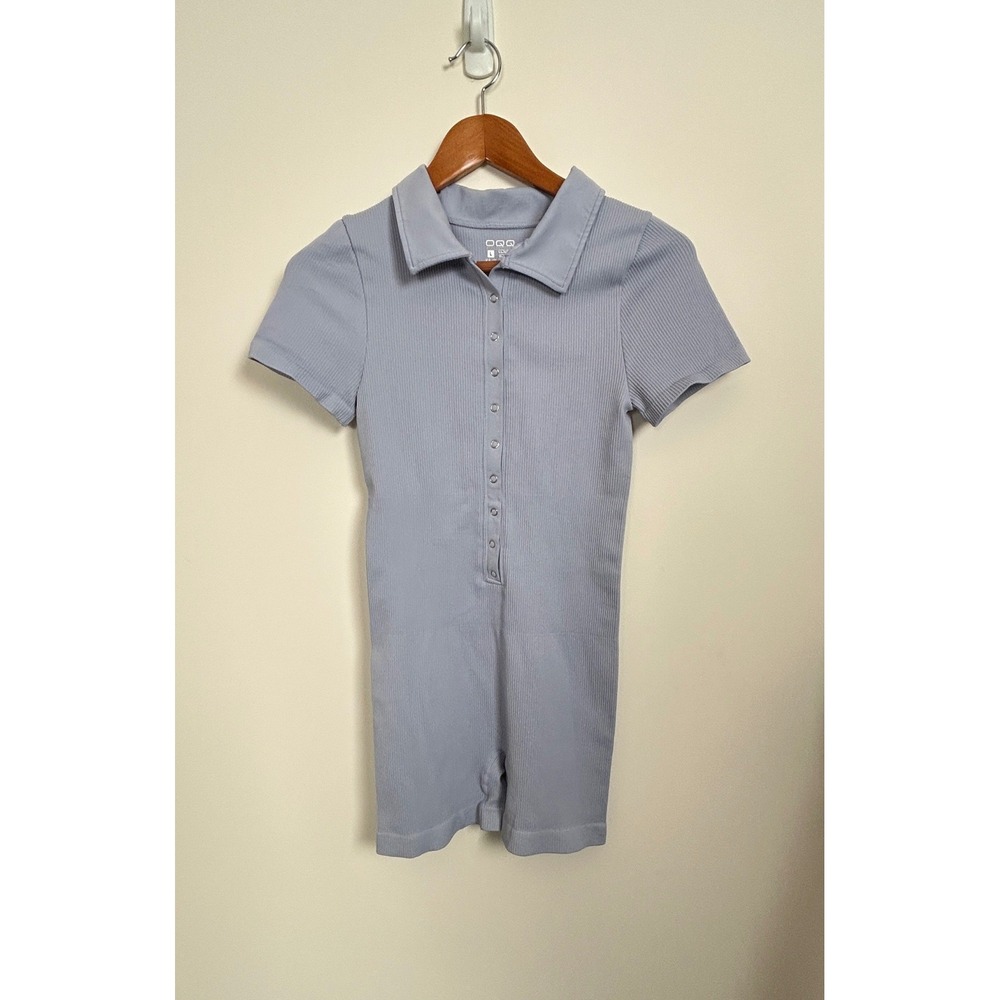 OQQ Romper Ribbed Women Large Blue Short Sleeve Snap Front Bodycon Athleisure